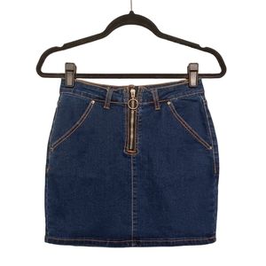 DENIM BLVD LA Dark Blue Wash Zipper Front O Ring Denim Jean Mini Skirt Small